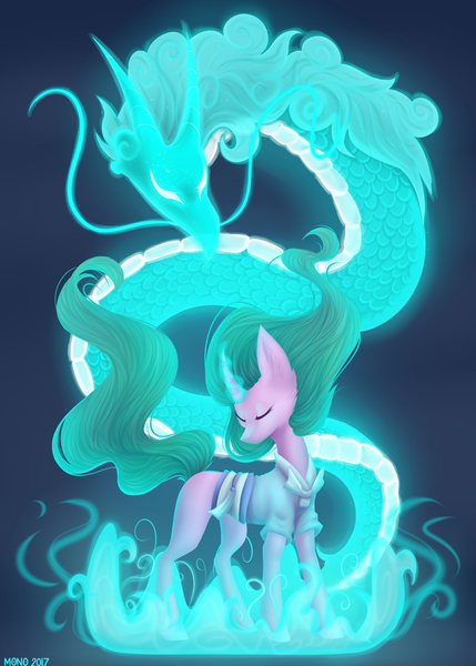 Size: 2500x3500 | Tagged: safe, artist:monogy, derpibooru import, mistmane, dragon, pony, unicorn, campfire tales, blue background, chinese dragon, clothes, curved horn, dragon spirit, ethereal mane, eyes closed, female, glowing horn, magic, mare, simple background, solo