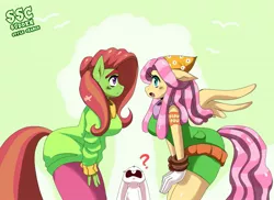 Size: 1681x1222 | Tagged: safe, artist:traupa, derpibooru import, angel bunny, fluttershy, tree hugger, anthro, earth pony, pegasus, alternate hairstyle, big breasts, breasts, busty fluttershy, busty tree hugger, clothes, female, looking at each other, mane swap, mare, question mark, smiling, sudden style change