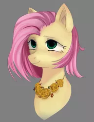 Size: 652x846 | Tagged: safe, artist:adsddjdfbdg, derpibooru import, fluttershy, pony, alternate hairstyle, blushing, bust, cute, flower necklace, portrait, short hair, shyabetes, simple background, smiling, solo