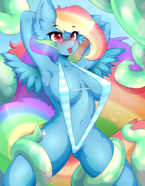 Size: 1400x1800 | Tagged: questionable, artist:ayloulou, derpibooru import, rainbow dash, anthro, absolute cleavage, arm behind head, armpits, bikini, blue swimsuit, breasts, busty rainbow dash, cleavage, clothes, female, i've seen enough hentai to know where this is going, long hair, sling bikini, striped swimsuit, swimsuit, tentacles, tongue out