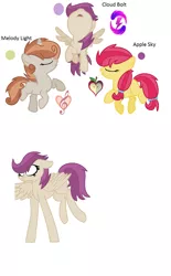 Size: 1084x1744 | Tagged: safe, artist:thunderspeedyt, derpibooru import, oc, oc:apple sky, oc:cloud bolt, oc:melody light, unofficial characters only, pony, offspring, parent:apple bloom, parent:button mash, parent:rumble, parent:scootaloo, parent:sweetie belle, parent:tender taps, parents:rumbloo, parents:sweetiemash, parents:tenderbloom