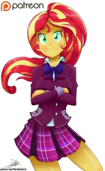 Size: 1900x3083 | Tagged: source needed, safe, artist:the-butch-x, derpibooru import, sunset shimmer, equestria girls, friendship games, alternate hairstyle, clothes, commission, crossed arms, crystal prep academy uniform, crystal prep shadowbolts, cute, female, patreon, patreon logo, pleated skirt, ponytail, school uniform, shimmerbetes, simple background, skirt, solo, transparent background