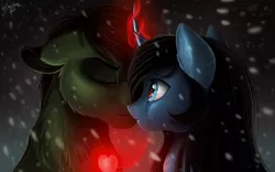 Size: 1024x640 | Tagged: safe, artist:das_leben, derpibooru import, oc, unofficial characters only, pony, unicorn, black mane, blue coat, blue eyes, crying, eyes closed, female, green coat, heart, magic, male, mare, shipping, snow, snowfall, stallion, straight