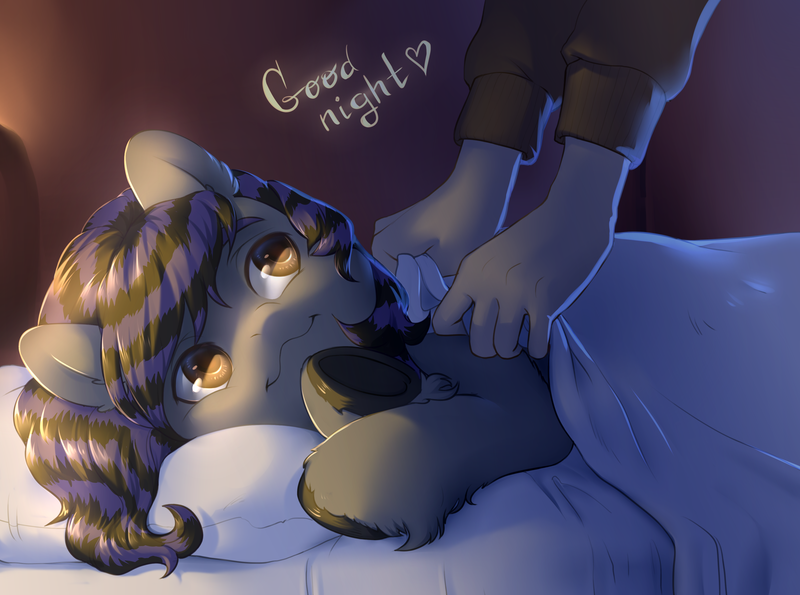 Size: 3583x2665 | Tagged: safe, artist:aphphphphp, derpibooru import, oc, oc:rune riddle, unofficial characters only, human, pony, bed, blanket, dialogue, disembodied hand, hand, pillow, sleepy, striped mane, unshorn fetlocks, ych result