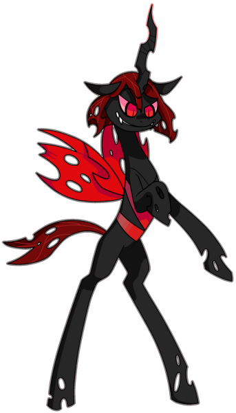 Size: 1586x2775 | Tagged: artist:moeclere, changeling, changeling oc, derpibooru import, grin, oc, oc:pupa, rearing, red and black oc, red changeling, safe, simple background, slit eyes, smiling, solo, standing up, transparent background, unofficial characters only