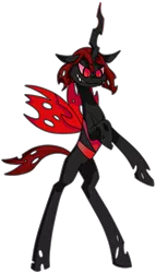 Size: 1586x2775 | Tagged: artist:moeclere, changeling, changeling oc, derpibooru import, grin, oc, oc:pupa, rearing, red and black oc, red changeling, safe, simple background, slit eyes, smiling, solo, standing up, transparent background, unofficial characters only