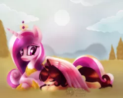 Size: 1240x980 | Tagged: safe, artist:starchasesketches, derpibooru import, princess cadance, oc, oc:melany, alicorn, pony, unicorn, cloud, crown, eyes closed, female, grin, hug, jewelry, regalia, sleeping, smiling, sun, valley, wing blanket, winghug