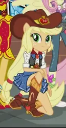 Size: 247x477 | Tagged: safe, derpibooru import, screencap, applejack, dance magic, equestria girls, spoiler:eqg specials, beautiful, belt, belt buckle, boots, clothes, cowboy boots, cowboy hat, cowgirl, cropped, cute, denim skirt, freckles, hat, high heel boots, looking at you, offscreen character, ponied up, shoes, skirt, skirt lift, smiling, stetson, vest