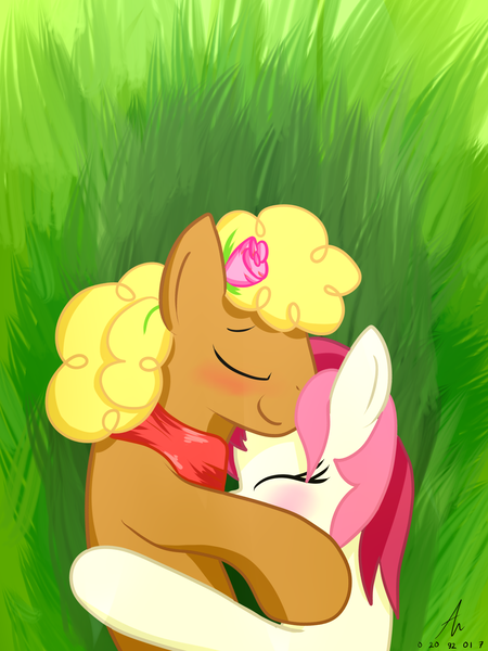 Size: 1500x2000 | Tagged: safe, artist:truffle shine, derpibooru import, evening star, roseluck, earth pony, pony, blushing, clothes, cuddling, eveningluck, eyes closed, female, flower, flower in hair, grass, grass field, lying down, male, mare, pasture, scarf, shipping, side, signature, stallion, straight