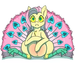 Size: 978x816 | Tagged: safe, artist:anonymous-potayto, derpibooru import, fluttershy, hybrid, pony, chest fluff, ear fluff, fangs, implied discoshy, implied shipping, implied straight, peacock feathers, peacock tail, pregnant, sitting, solo, story included, transformation, yellow sclera
