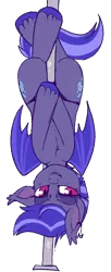 Size: 364x890 | Tagged: suggestive, artist:lulubell, derpibooru import, oc, oc:night watch, unofficial characters only, bat pony, pony, female, hanging, mare, red eyes, solo, stripper pole, unshorn fetlocks, upside down