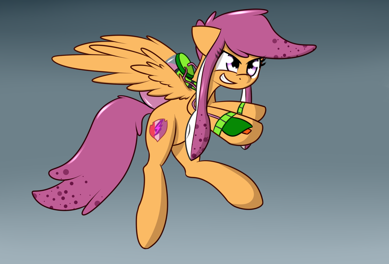 Size: 1544x1050 | Tagged: safe, artist:zogzor, derpibooru import, scootaloo, original species, pony, squid, squidpony, flying, scootaloo can fly, simple background, smiling, smirk, solo, splatoon