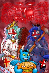 Size: 735x1088 | Tagged: alicorn, anthro, artist:darklamprey, axe, big breasts, blood, breasts, busty princess celestia, busty princess luna, crossed, derpibooru import, featureless breasts, halloween, holiday, implied violence, nightmare fuel, nudity, oc, oc:ophidya, pegasus, pony hitler, princess celestia, princess luna, semi-grimdark, suggestive, weapon