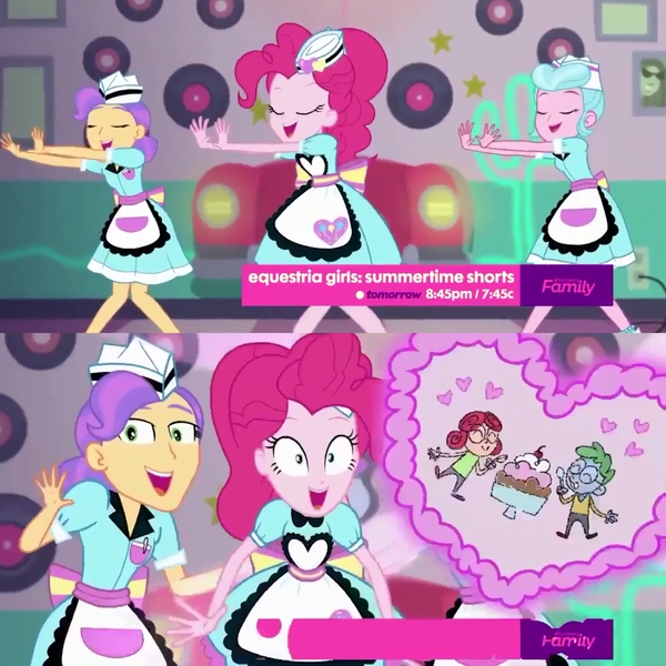 Size: 1920x1920 | Tagged: safe, derpibooru import, screencap, alizarin bubblegum, celery stalk, pinkie pie, sunny sugarsocks, tip top, coinky-dink world, eqg summertime shorts, equestria girls, alizary, background human, clothes, date, discovery family logo, doo wop, dress, female, food, heart, ice cream, male, milkshake malt, server pinkie pie, shipping, straight