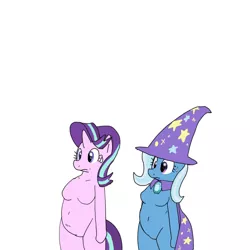 Size: 800x800 | Tagged: safe, artist:kushina13, derpibooru import, starlight glimmer, trixie, anthro, unicorn, arm hooves, barbie doll anatomy, breasts, cape, clothes, duo, hat, simple background, standing, sweat, sweatdrop, trixie's cape, trixie's hat, white background