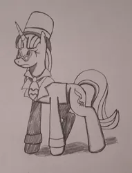 Size: 1280x1679 | Tagged: safe, artist:panacea, derpibooru import, snowfall frost, starlight glimmer, pony, unicorn, clothes, glasses, hat, monochrome, solo, traditional art