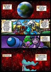 Size: 827x1169 | Tagged: safe, artist:darklamprey, derpibooru import, derpy hooves, princess celestia, spike, twilight sparkle, twilight sparkle (alicorn), alicorn, dragon, pegasus, pony, comic:equestria's war of the worlds, comic, crossover, ethereal mane, female, male, mare, planet, ponyville, telescope, the war of the worlds