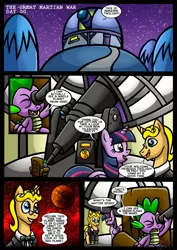 Size: 827x1169 | Tagged: safe, artist:darklamprey, derpibooru import, spike, twilight sparkle, twilight sparkle (alicorn), alicorn, dragon, pony, unicorn, comic:equestria's war of the worlds, clothes, comic, crossover, dialogue, female, male, mare, misspelling of you're, night, observatory, stallion, suit, telescope, the war of the worlds, trio