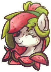 Size: 600x852 | Tagged: safe, artist:amura-of-jupiter, derpibooru import, oc, oc:watermelana, unofficial characters only, pony, bust, female, food, freckles, mare, one eye closed, portrait, simple background, solo, transparent background, watermelon, wink