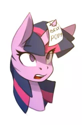 Size: 365x556 | Tagged: safe, artist:n_thing, derpibooru import, twilight sparkle, pony, unicorn, best pony, bust, female, frown, horn impalement, looking up, mare, no pupils, note, open mouth, portrait, simple background, surprised, white background, wide eyes