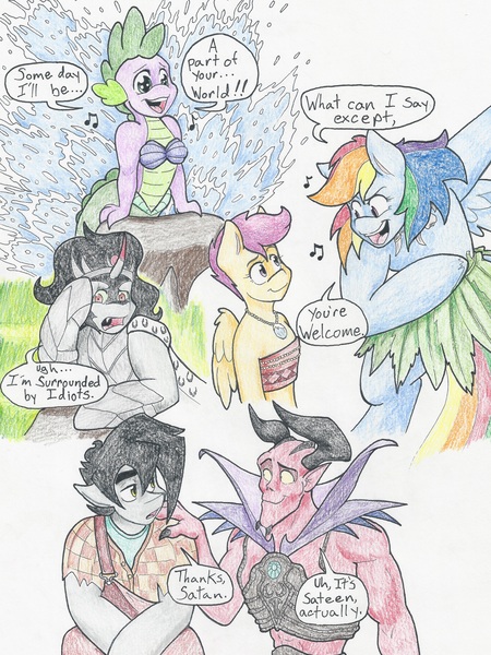 Size: 4697x6265 | Tagged: safe, artist:flicker-show, derpibooru import, king sombra, rainbow dash, scootaloo, spike, oc, oc:flicker show, demon pony, dragon, mermaid, unicorn, absurd resolution, crossdressing, crossover, dialogue, disney, male, moana, singing, smiling, speech bubble, stallion, the lion king, the little mermaid, traditional art, wreck-it ralph