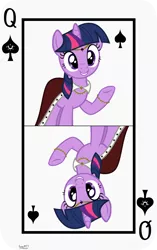 Size: 3809x6062 | Tagged: safe, artist:ironm17, derpibooru import, part of a set, twilight sparkle, pony, unicorn, cape, card, clothes, female, grin, jewelry, mare, playing card, queen of spades, smiling, solo, unicorn twilight, vector