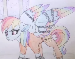 Size: 822x648 | Tagged: safe, artist:evergreen-gemdust, derpibooru import, rainbow dash, pegasus, pony, bound wings, chains, clothes, colored wings, female, mare, multicolored hair, multicolored wings, prison outfit, prisoner rd, solo, traditional art