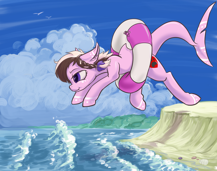 Size: 3812x3012 | Tagged: artist:kovoranu, beach, derpibooru import, jumping, oc, oc:ashee, original species, safe, shark, shark pony, solo, unofficial characters only