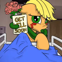 Size: 500x500 | Tagged: applejack, artist:suspega, artist:wesleyfoxx, bed, bouquet, colored, derpibooru import, floppy ears, get well card, get well soon, hospital, monster pony, oc, oc:anon, original species, prehensile tongue, safe, species swap, tatzljack, tatzlpony, tentacles, tentacle tongue