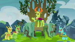 Size: 1920x1080 | Tagged: changedling, changeling, changeling hive, changeling king, concerned, derpibooru import, king thorax, safe, screencap, smiling, thorax, throne, to change a changeling, tree, vine