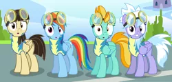 Size: 4735x2250 | Tagged: safe, artist:tomfraggle, derpibooru import, cloudchaser, lightning dust, rainbow dash, wild fire, pegasus, pony, :o, absurd resolution, clothes, female, goggles, looking at you, mare, open mouth, uniform, vector, wonderbolt trainee uniform