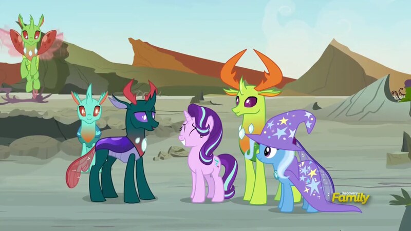 Size: 1920x1080 | Tagged: safe, derpibooru import, screencap, pharynx, starlight glimmer, thorax, trixie, changedling, changeling, pony, unicorn, to change a changeling, cape, clothes, discovery family logo, hat, king thorax, prince pharynx, trixie's cape, trixie's hat
