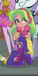 Size: 244x485 | Tagged: safe, derpibooru import, screencap, fluttershy, lemon zest, sci-twi, sunny flare, twilight sparkle, twilight sparkle (alicorn), dance magic, equestria girls, spoiler:eqg specials, boots, clothes, cropped, female, headphones, high heel boots, offscreen character, scitwilicorn, shoes, smiling