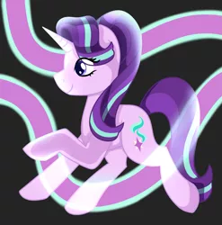 Size: 2473x2505 | Tagged: safe, artist:azure-quill, derpibooru import, starlight glimmer, pony, unicorn, abstract background, backwards cutie mark, female, glow, mare, profile, raised hoof, smiling, solo