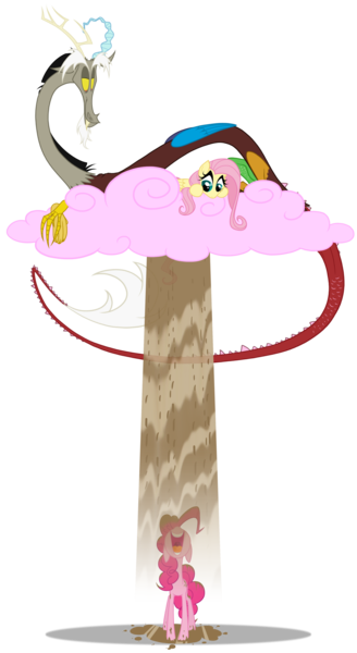 Size: 1280x2345 | Tagged: safe, artist:grievousfan, derpibooru import, discord, fluttershy, pinkie pie, draconequus, earth pony, pegasus, pony, chocolate, chocolate rain, cloud, cotton candy, cotton candy cloud, drinking, female, food, hooves, horns, male, mare, on a cloud, open mouth, pink cloud, rain, simple background, sitting on cloud, transparent background, wings