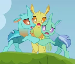 Size: 413x348 | Tagged: background changeling, changedling, changeling, clypeus, cornicle, cropped, derpibooru import, safe, scared, screencap, to change a changeling, trio