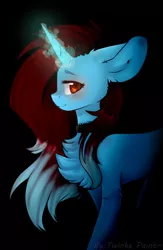 Size: 480x736 | Tagged: safe, artist:twinkepaint, derpibooru import, oc, oc:dess, unofficial characters only, pony, unicorn, chest fluff, choker, female, gift art, glowing horn, looking at you, magic, mare, smiling, solo