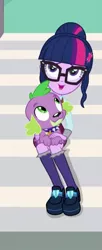 Size: 293x720 | Tagged: safe, derpibooru import, screencap, sci-twi, spike, spike the regular dog, twilight sparkle, dog, equestria girls, friendship games, clothes, crystal prep academy uniform, cute, glasses, hair bun, puppy, school uniform, shoes, skirt, socks, twiabetes