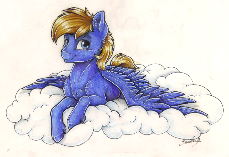 Size: 2469x1698 | Tagged: safe, artist:gaelledragons, derpibooru import, oc, oc:cloud quake, unofficial characters only, pegasus, pony, cloud, male, prone, solo, stallion, traditional art