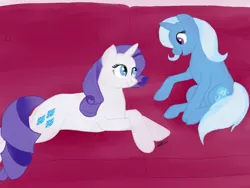 Size: 1024x768 | Tagged: safe, artist:sarcastictrixie, derpibooru import, rarity, trixie, pony, unicorn, couch, female, lesbian, looking at each other, mare, open mouth, rarixie, shipping, signature, smiling