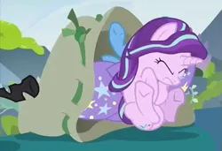 Size: 631x432 | Tagged: safe, derpibooru import, screencap, pharynx, starlight glimmer, trixie, changeling, pony, unicorn, to change a changeling, bag, cropped, eyes closed, female, freeze frame, frown, mare, out of context, solo focus, underhoof