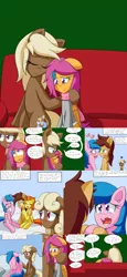 Size: 2400x5200 | Tagged: safe, artist:jake heritagu, derpibooru import, firefly, scootaloo, stormy flare, oc, oc:high rise, oc:sandy hooves, pony, comic:ask motherly scootaloo, clothes, comic, couch, crying, flashback, hairpin, motherly scootaloo, scarf, sweatshirt