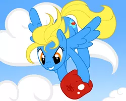 Size: 1280x1024 | Tagged: safe, artist:celestialess, derpibooru import, oc, oc:water bomb, unofficial characters only, pegasus, pony, balloon, cloud, female, flying, sky, solo, water balloon