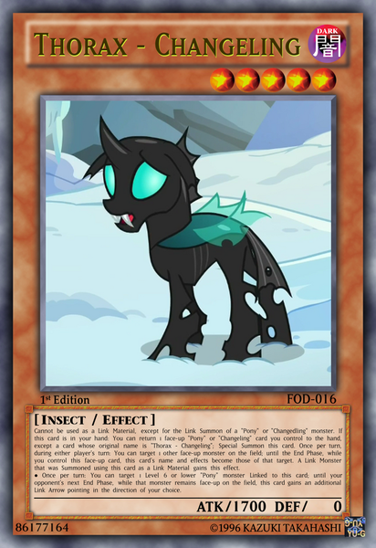 Size: 813x1185 | Tagged: card game, changeling, derpibooru import, edit, edited screencap, safe, screencap, snow, solo, tcg editor, the times they are a changeling, thorax, trading card edit, yu-gi-oh!, yugioh card