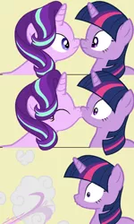 Size: 692x1156 | Tagged: safe, artist:startwi, derpibooru import, starlight glimmer, twilight sparkle, pony, unicorn, base used, boop, comic, cute, eyes closed, female, glimmerbetes, kissing, lesbian, mare, noseboop, shipping, simple background, surprise kiss, surprised, twiabetes, twistarlight