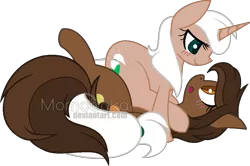 Size: 985x654 | Tagged: safe, artist:sinamuna, derpibooru import, oc, oc:reese dream, oc:sugar glaze, unofficial characters only, pony, unicorn, au:equuis, base used, blushing, couple, duo, eye contact, female, lesbian, looking at each other, old art, old design, simple background, sitting on pony, transparent background, watermark