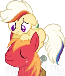 Size: 439x507 | Tagged: safe, artist:sinamuna, derpibooru import, big macintosh, oc, oc:rocket sprint, pony, base used, canon x oc, colt, duo, magical lesbian spawn, male, next generation, nextgen:sinverse, offspring, parent:applejack, parent:rainbow dash, parents:appledash, rainbow hair, simple background, stallion, transparent background, watermark