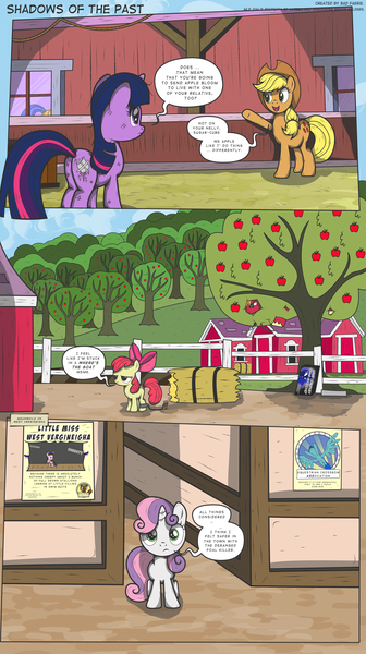 Size: 3000x5356 | Tagged: suggestive, artist:perfectblue97, derpibooru import, apple bloom, applejack, big macintosh, sweetie belle, twilight sparkle, pony, comic:shadows of the past, apple, apple tree, barn, chained, comic, crossbow, food, haystack, poster, royal guard, sweet apple acres, tree