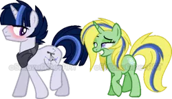 Size: 600x348 | Tagged: safe, artist:shiiazu, derpibooru import, oc, oc:comet rune, oc:lemon pop, unofficial characters only, pony, base used, couple, female, flirting, male, old art, old design, shy, straight, watermark