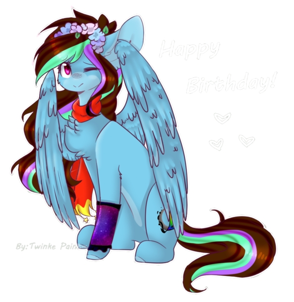 Size: 832x856 | Tagged: safe, artist:twinkepaint, derpibooru import, oc, oc:luna painter, unofficial characters only, pegasus, pony, female, mare, one eye closed, simple background, sitting, solo, transparent background, wink